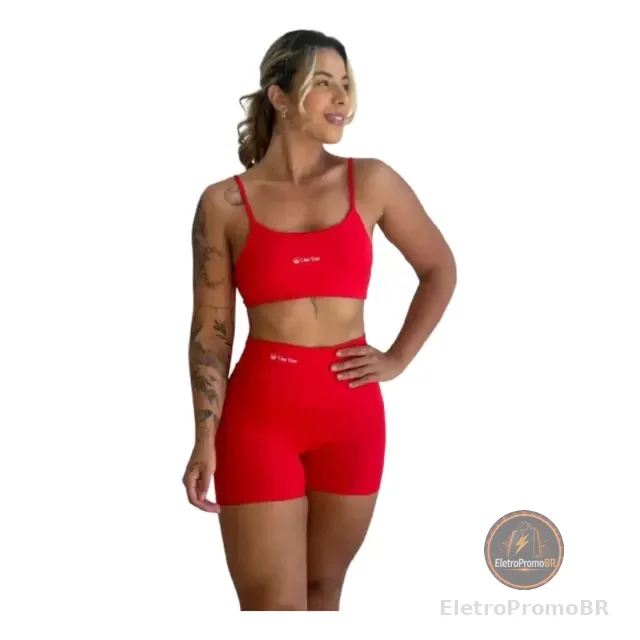 Conjunto Virginia com top + shorts cintura alta, perfeito pra treinar sem incômodo.