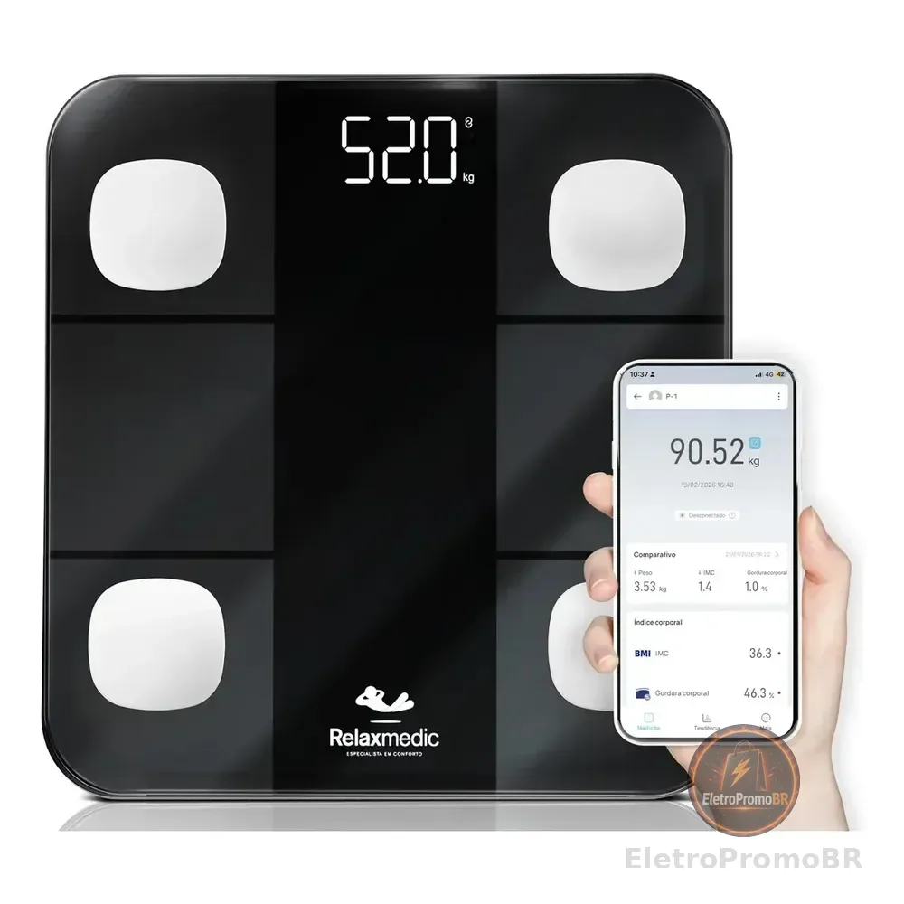 Essa balança Bluetooth te mostra peso, gordura, músculo e mais, tudo no app!