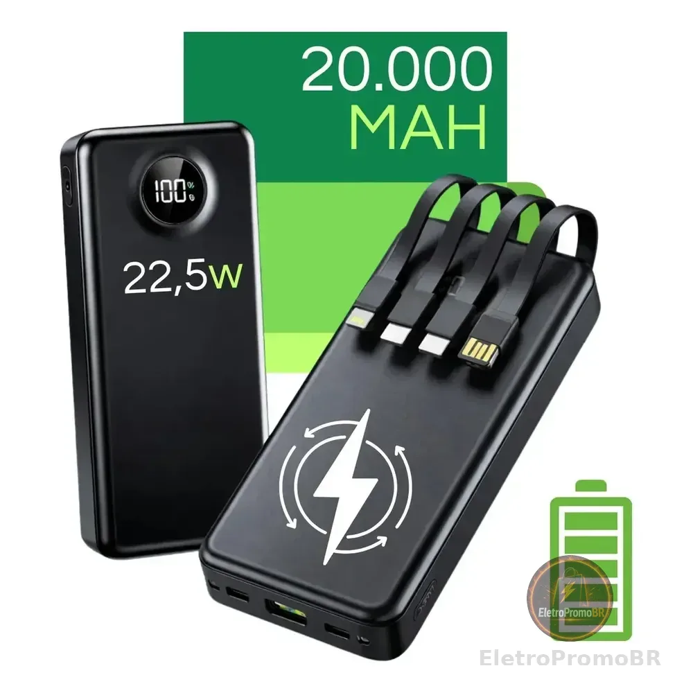 Carregador Portátil 20000 Turbo 22.5w Power Bank Premium Universal Rápido Para Samsung iPhone Xiaomi Motorola Celular Smartwatch Tablet Davely Preto