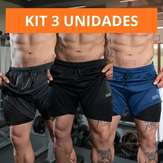 Kit com 3 Shorts Duplo 2 em 1 Treino