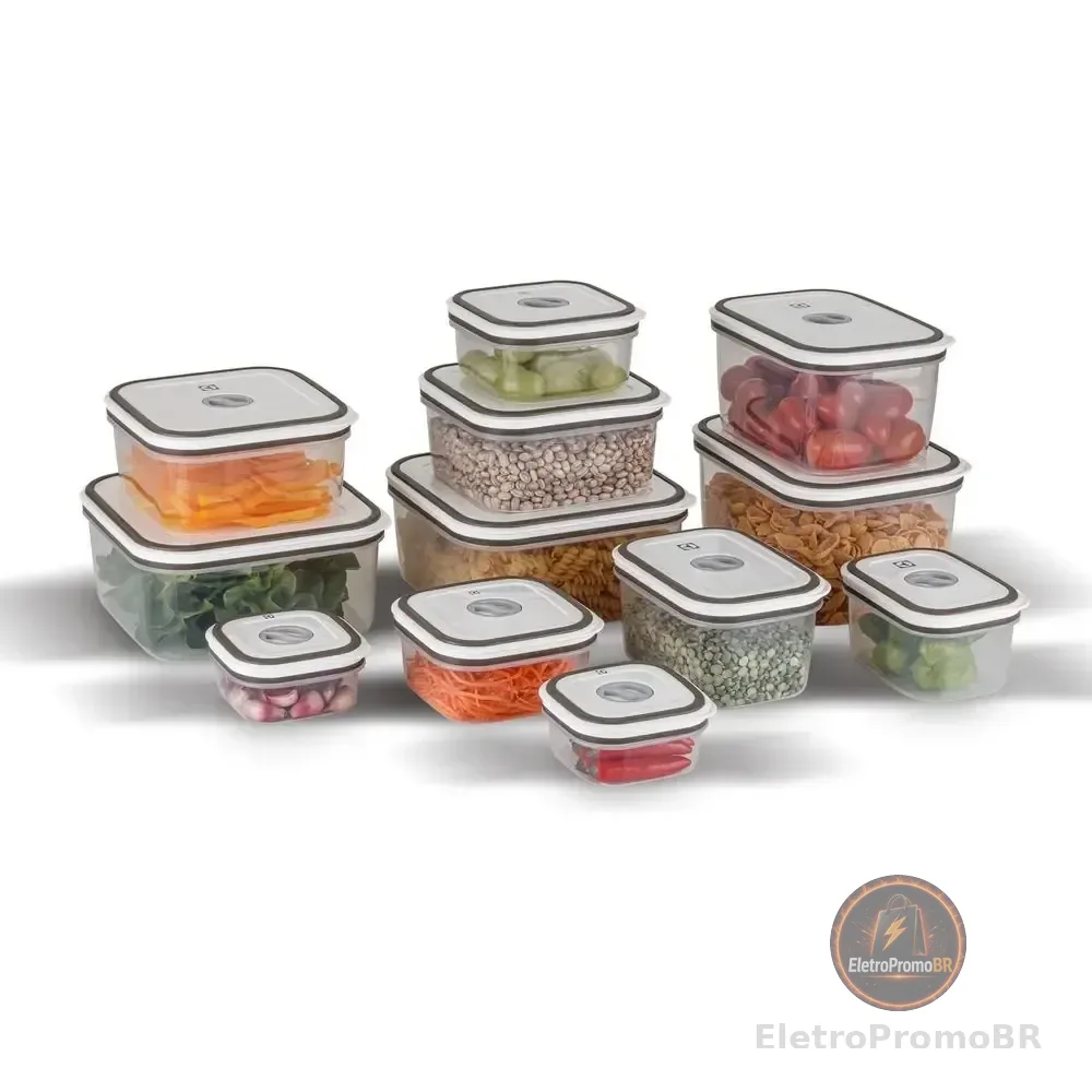 Electrolux Kit 12 Potes Herméticos De Plástico Retangulares, Multiuso, Vedação Silicone, Bpa Free, Porta Mantimentos, Empilháveis Cinza