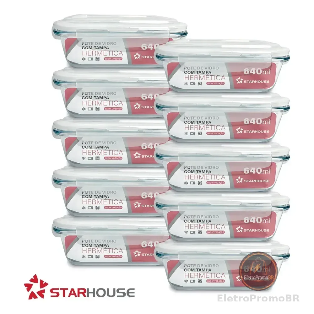 Kit 10 Potes Herméticos Vidro 640ml Starhouse Marmita Forno Micro-ondas