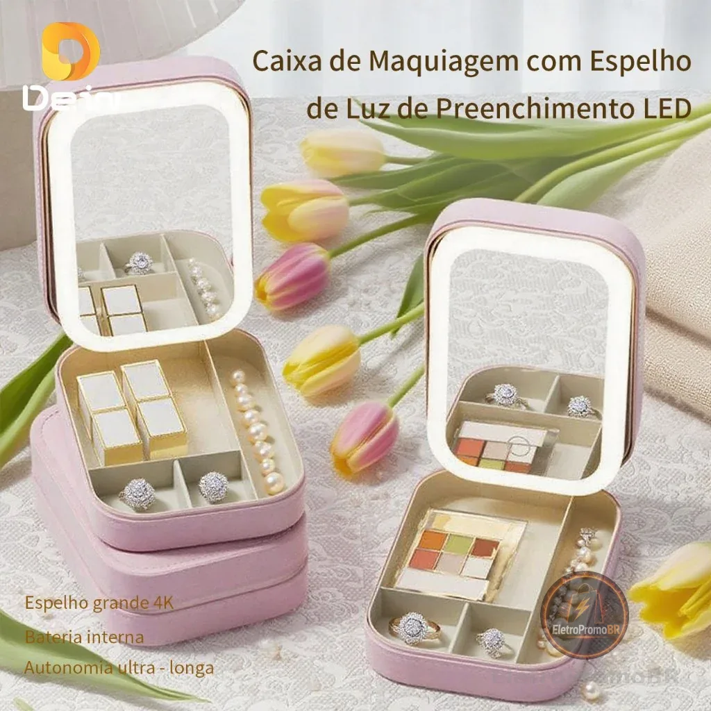 Caixa de Joias com Espelho (Mini ou Luxo LED) – Estojo Portátil de Viagem