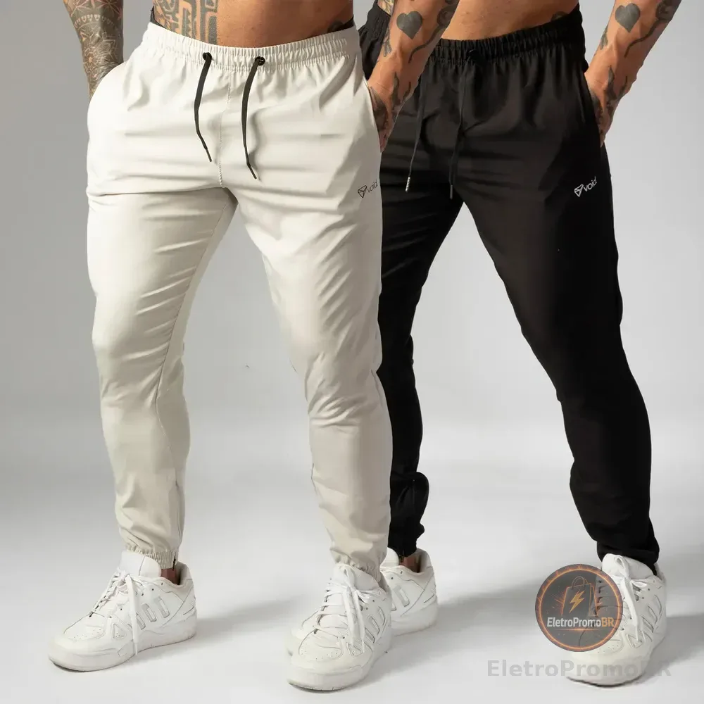 Kit 2 Calças Jogger Tactel Com Elastano Masculina Esportiva Preto E Off White Basico G