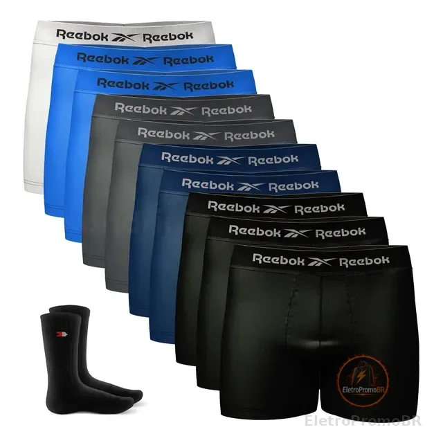 Kit 10 Cueca Boxer Reebok Sem Costura Box + 1 Par De Meias