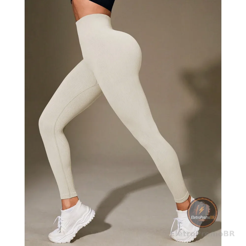 Calça Legging Canelada de Cintura Alta Sem Costura para Academia Feminina, Elástica, Esportiva e Fitness