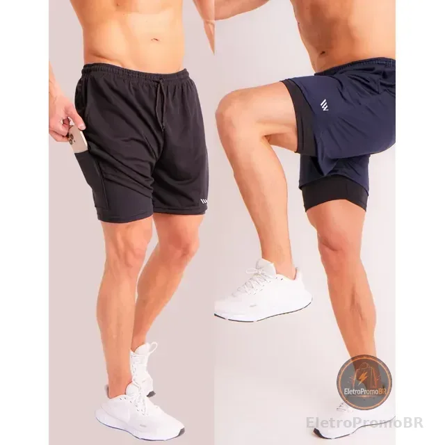 Kit 2 Bermuda 2 Em 1 Academia Short Com Bolso Duplo Corrida