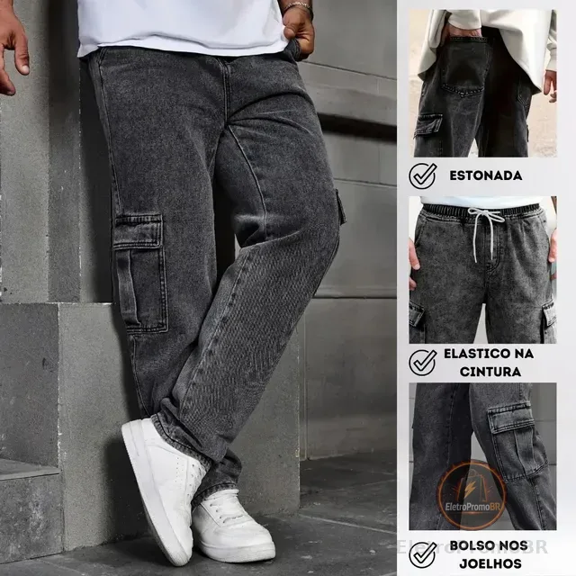 Calça Cargo Masculina Jeans Cós De Elástico Streetwear Larga