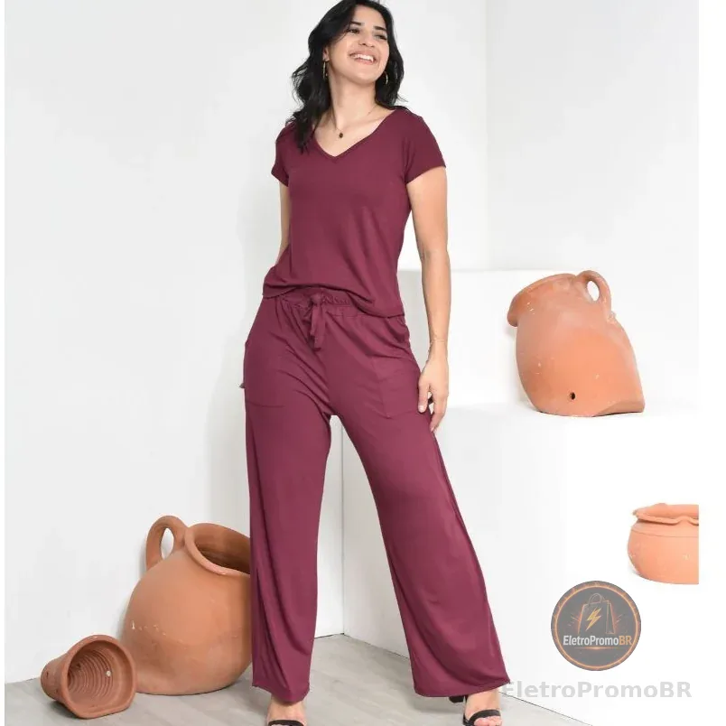 Conjunto Viscolycra Pantalona e blusa Gola V Básica