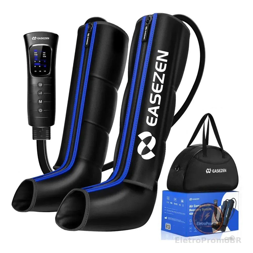 Bota De Compressao Pneumatica Massageador Pes Portatil Preto Com Detalhes Em Azul