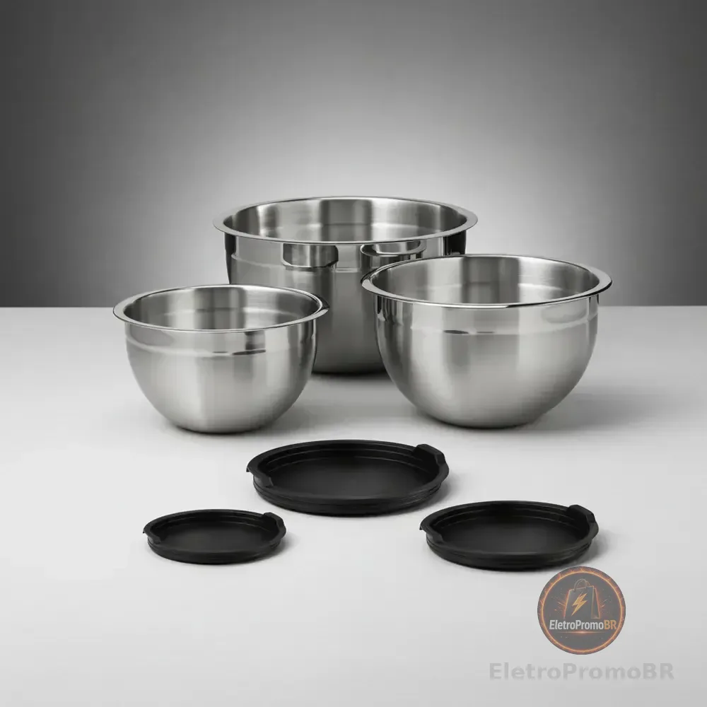 Vittak Conjunto 3 Bowls De Inox Com Tampas Plásticas Utensílios De Cozinha Tamanhos Variados
