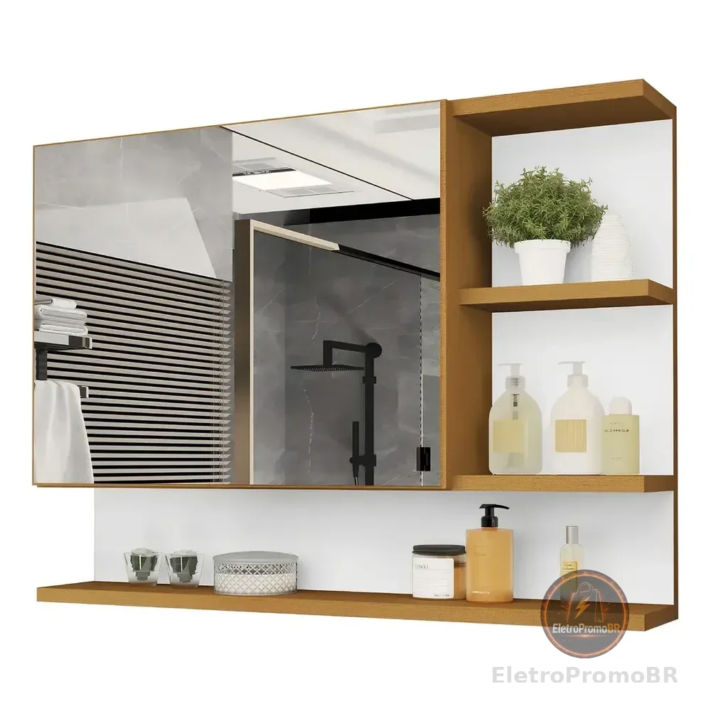 Espelheira Cleopatra De 60  Para Banheiro Com Espelho E Porta Nature/branco