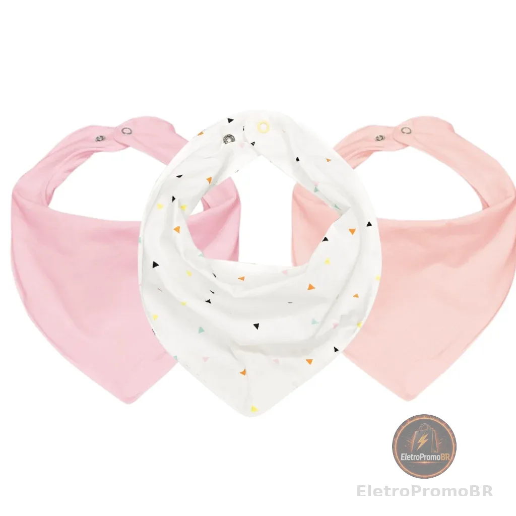 Kit C/3 Babador Bandana de Bebê 100% Algodão 23cm x 18cm - Sortidas