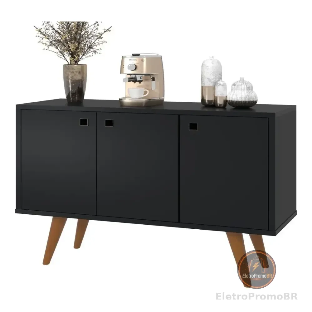 Aparador Buffet Multiuso Preto 3 Portas Sala De Jantar Preto