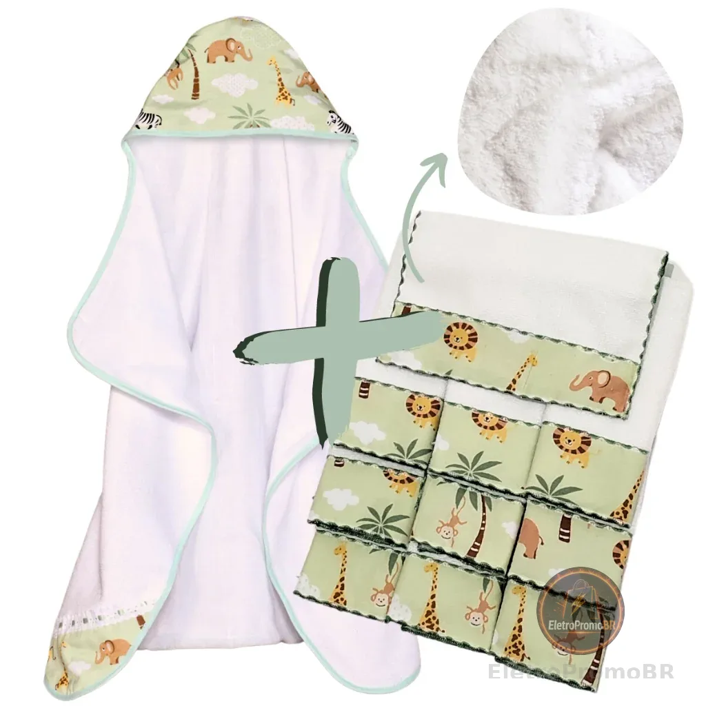 Toalha de Banho Bebe Dupla Camada + 6 Toalhas de Ombro para Bebê 100% Algodão Estampada