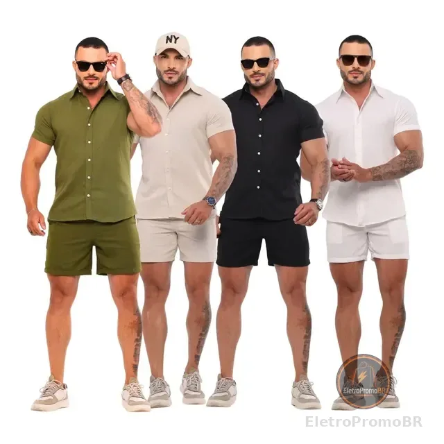 Conjunto Masculino Linho Camisa Shorts Mauricinho Com Bolso