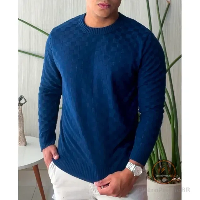 Suéter Masculino Lã Tricot Manga Longa Xadrez Blusa De Frio