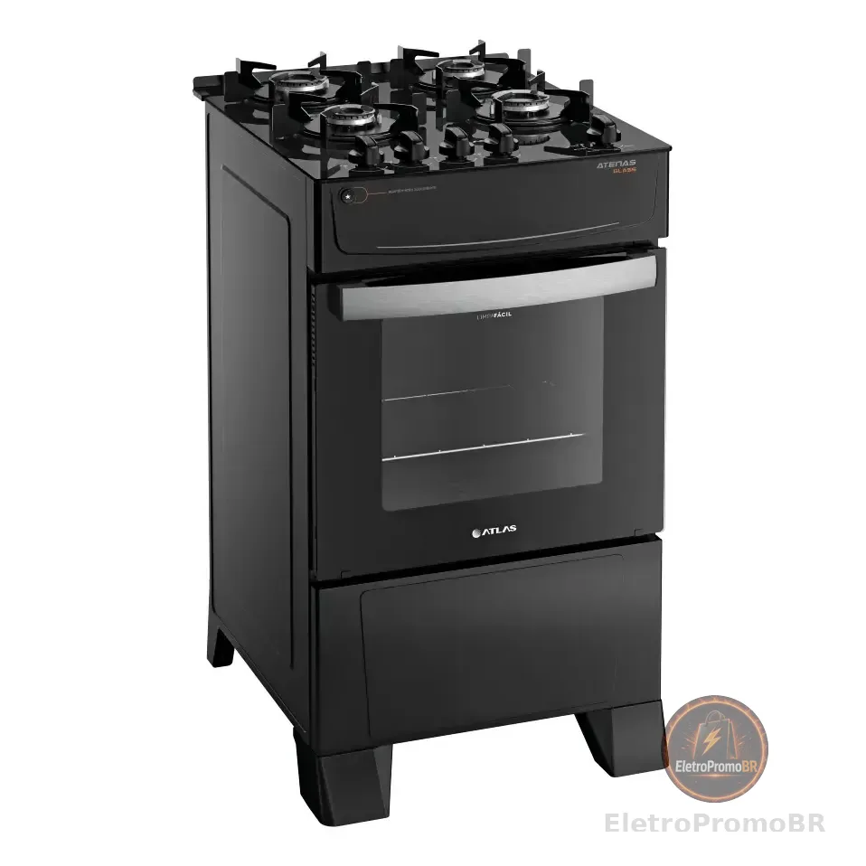 Fogão 4 Bocas Atlas Atenas Glass Com Mesa De Vidro E Acendimento Automático A Gás Com Forno De 50 Litros Preto Bivolt 127/220v Preto 127/220v