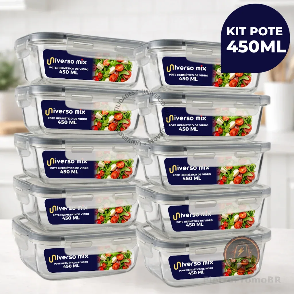 Kit 10 ou 5 Potes Vidro Hermético 450ml Retangular Mantimentos Marmita Premium