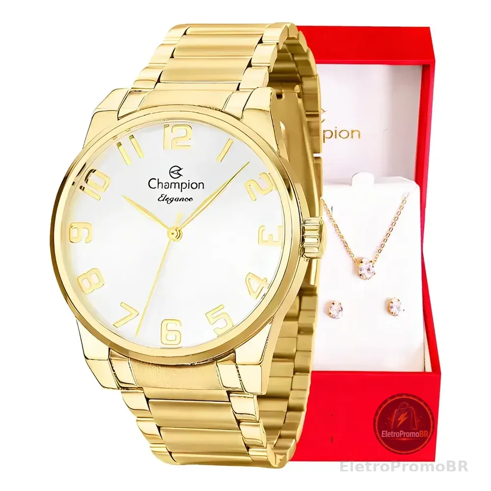 Kit Relógio Feminino Champion Dourado Analógico Cn27652w Pulseira Em Aço Inoxidável Prova D´agua 50 Metros + Colar E Brincos Presente Perfeito Branco