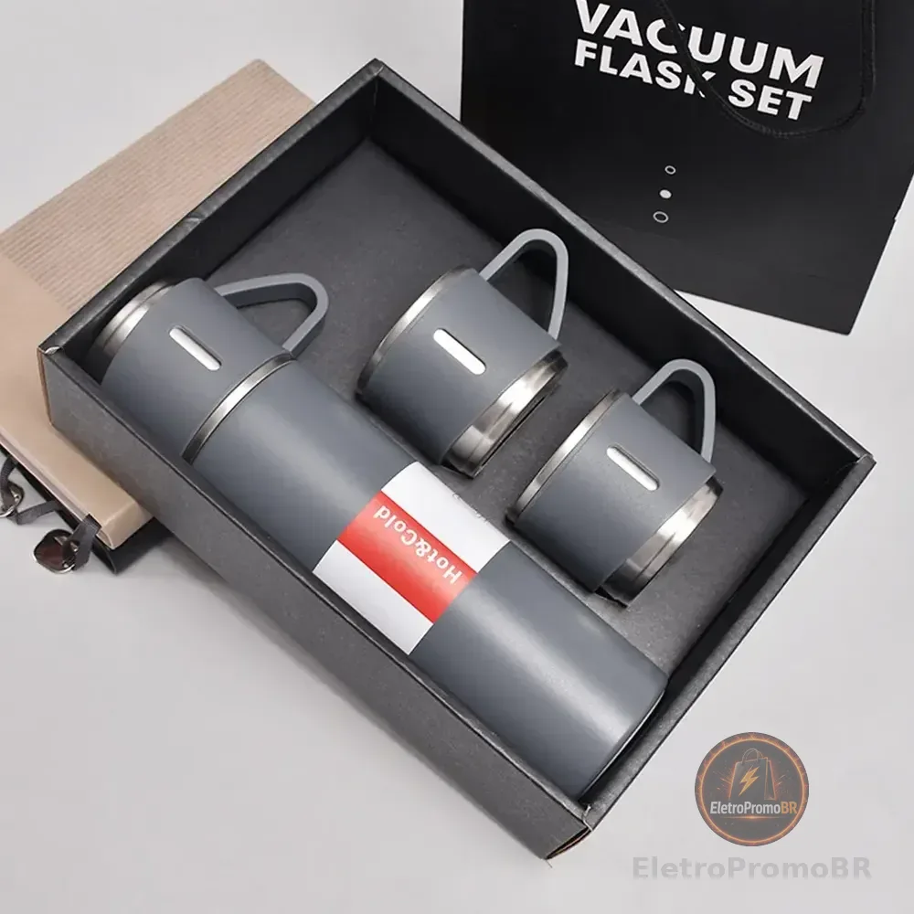 Garrafa Térmica 500ml Com Kit 3 Xícara Café Chá Revomax Cor Cinza