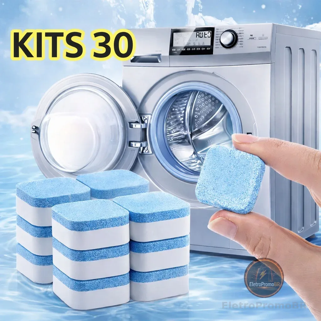 Kit 30 Pastilhas Limpa Máquina de Lavar Roupa Efervescente Removedor de Odor Limpeza Profunda