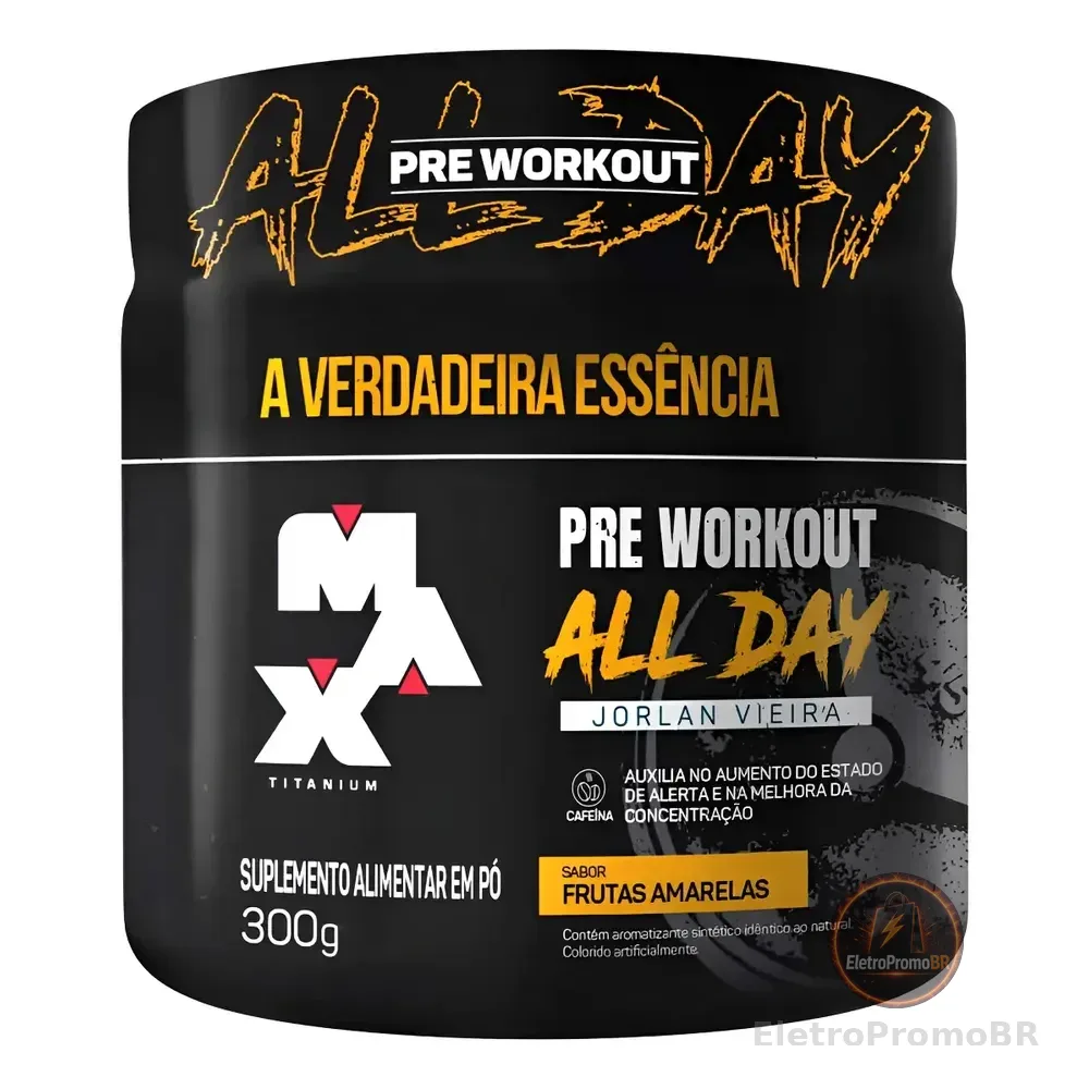 Pré Treino - All Day Jorlan Vieira Pote 300g - Max Titanium Sabor Frutas Amarelas