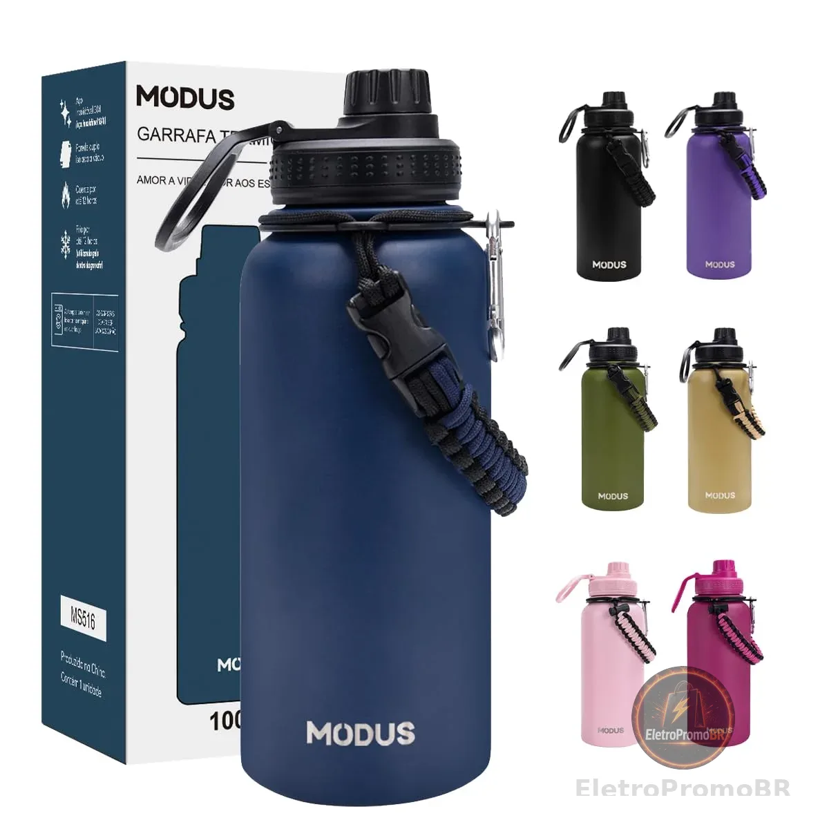 MODUS 1000mL Garrafa Térmica Aço Inoxidável Com Alça Paracord (Azul)
