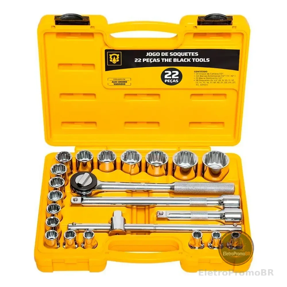 Jogo Kit De Soquetes Ferramentas Manuais Chave Catraca Reversível 1/2 Pol 8 A 32mm Cor Amarelo Bcs022 The Black Tools