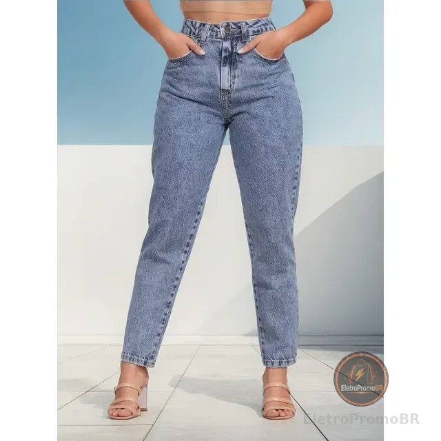 Calça Mom Jeans Feminina Cintura Alta Marmorizada