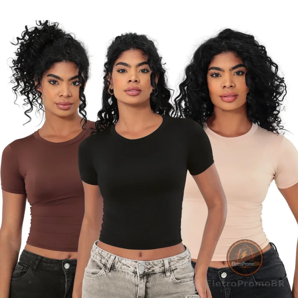 KIT 03 Baby Tee Feminina - Blusa Slim Fit Manga Curta - Blusa de Compressao Baby Tee