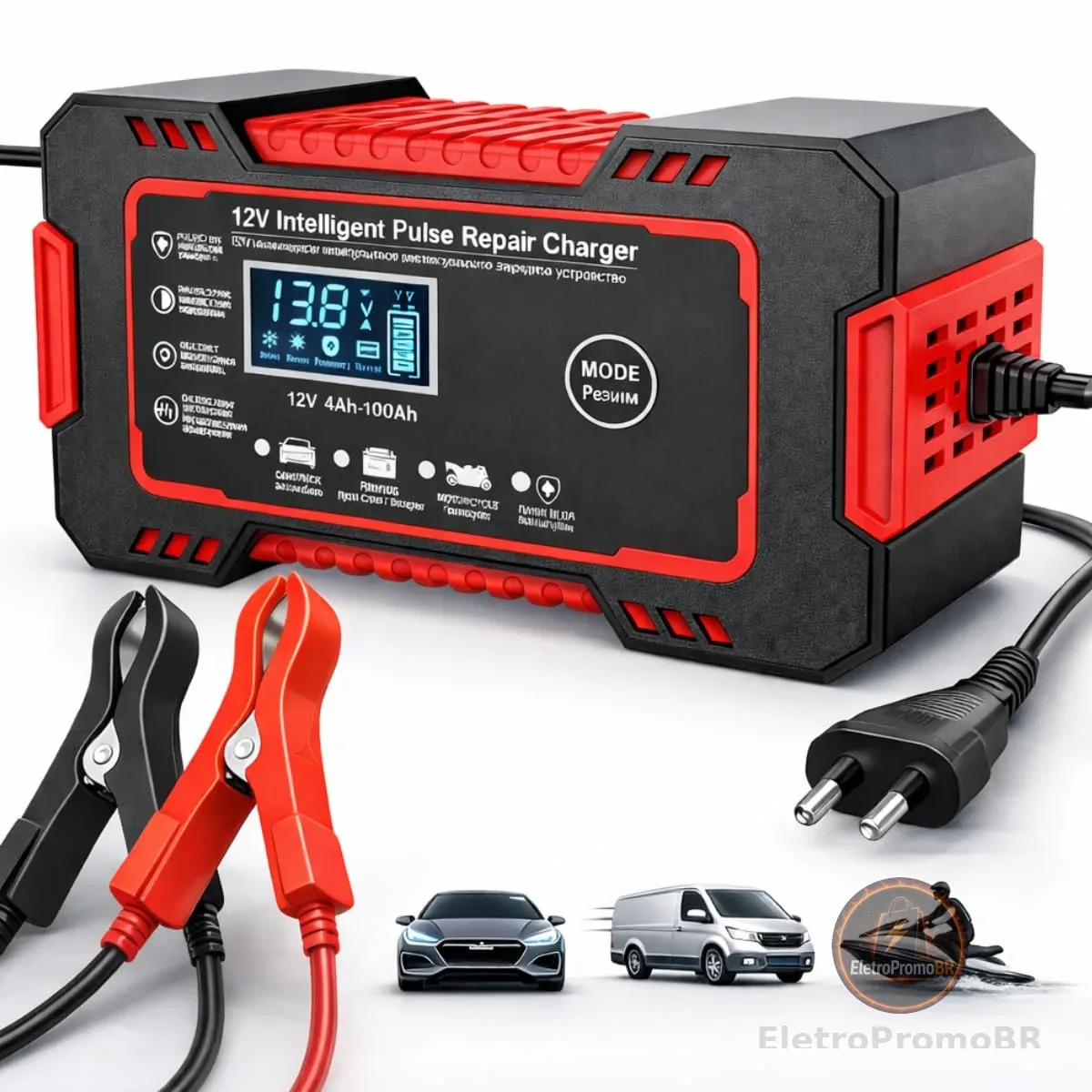 Carregador De Bateria Automotivo, Bivolt, Inteligente 12V 6A Para Carros Motos Caminhão Jetski Com Tela Digital, Segurança Contra Sobrecarga e Superaquecimento, Linha Premium Automotiva (Vermelho)