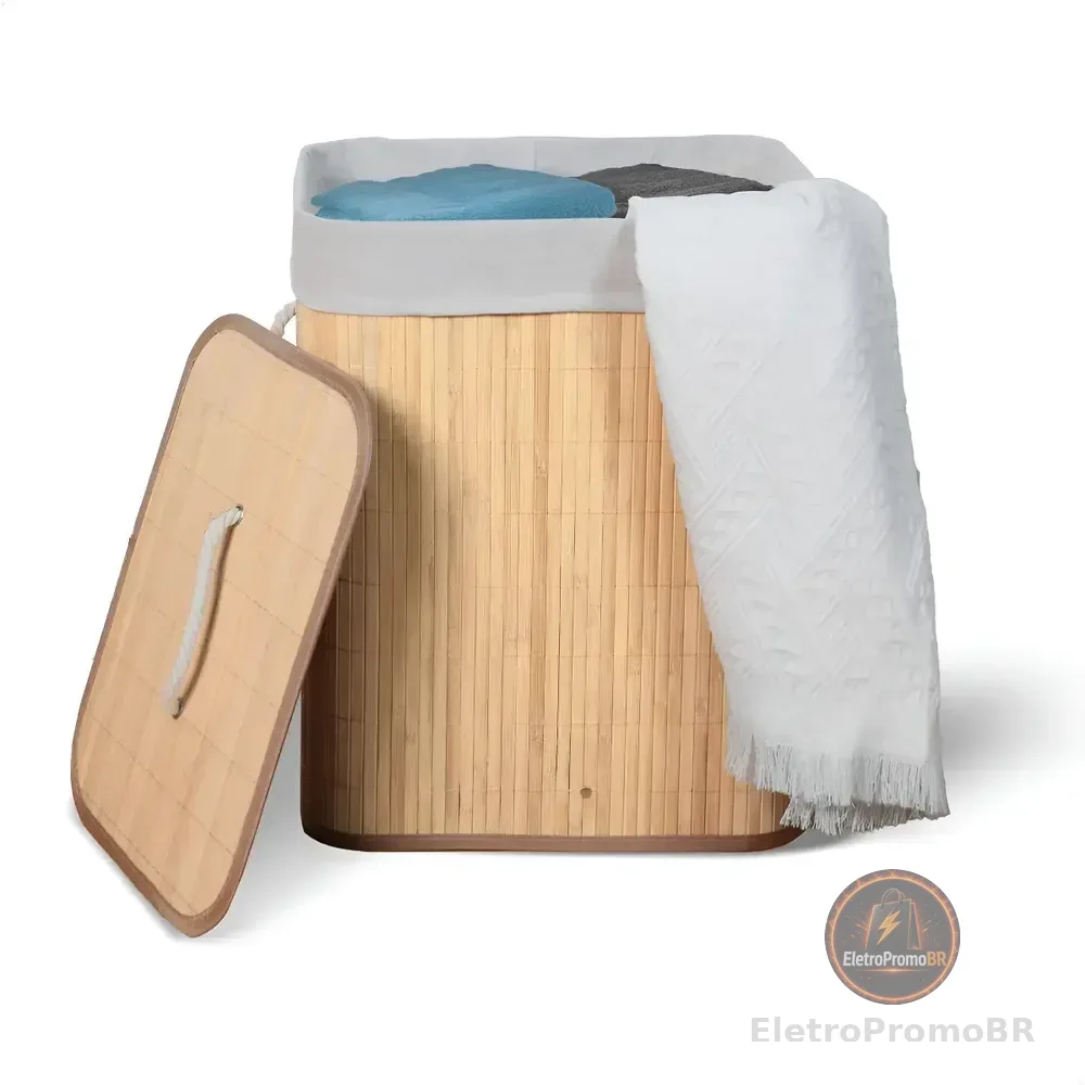Cesto De Roupa Suja De Bambu Com Tampa E Alças 50 Litros Kontuz Natural