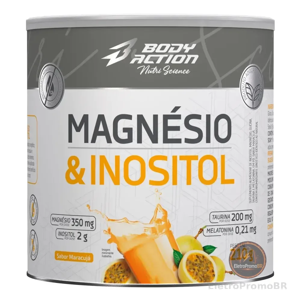 Magnésio E Inositol Taurina Melatonina 210g Bodyaction Sabor Maracujá