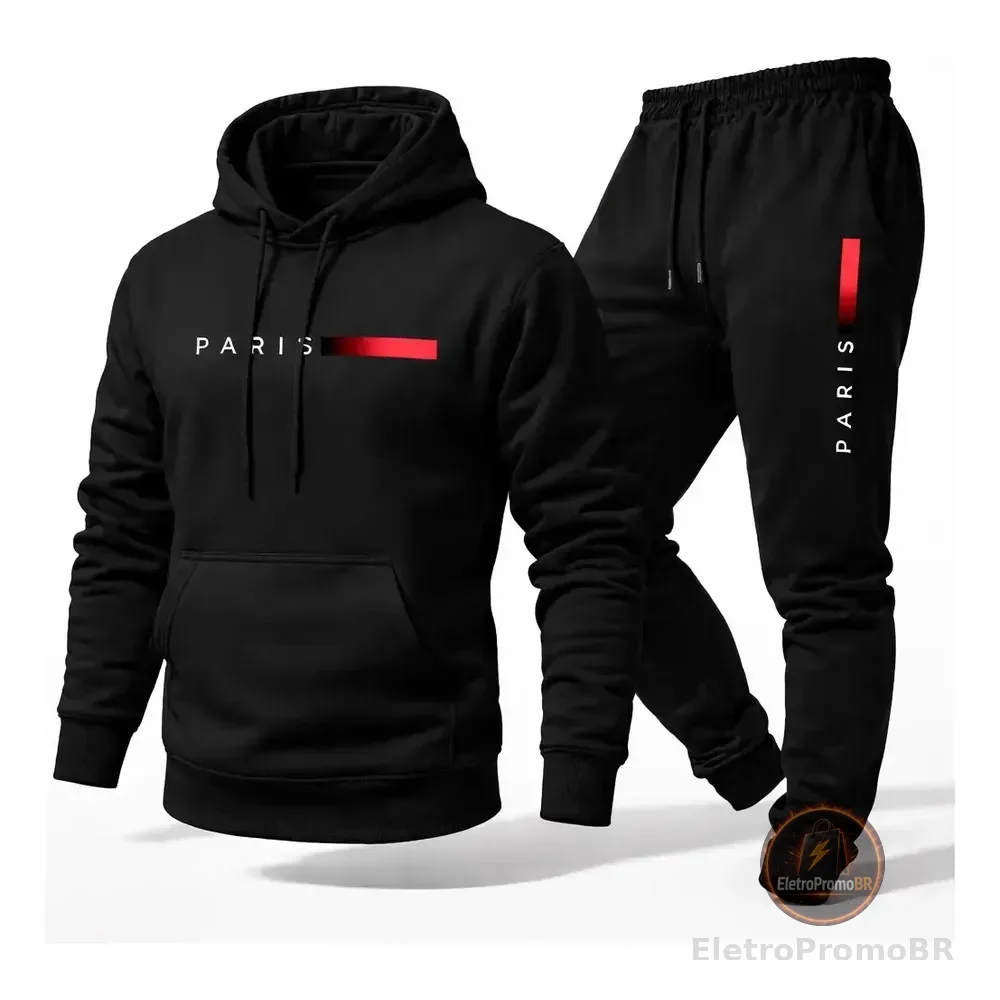 Conjunto Moletom Calça Unissex Paris Canguru Casaco Frio Gg Preto