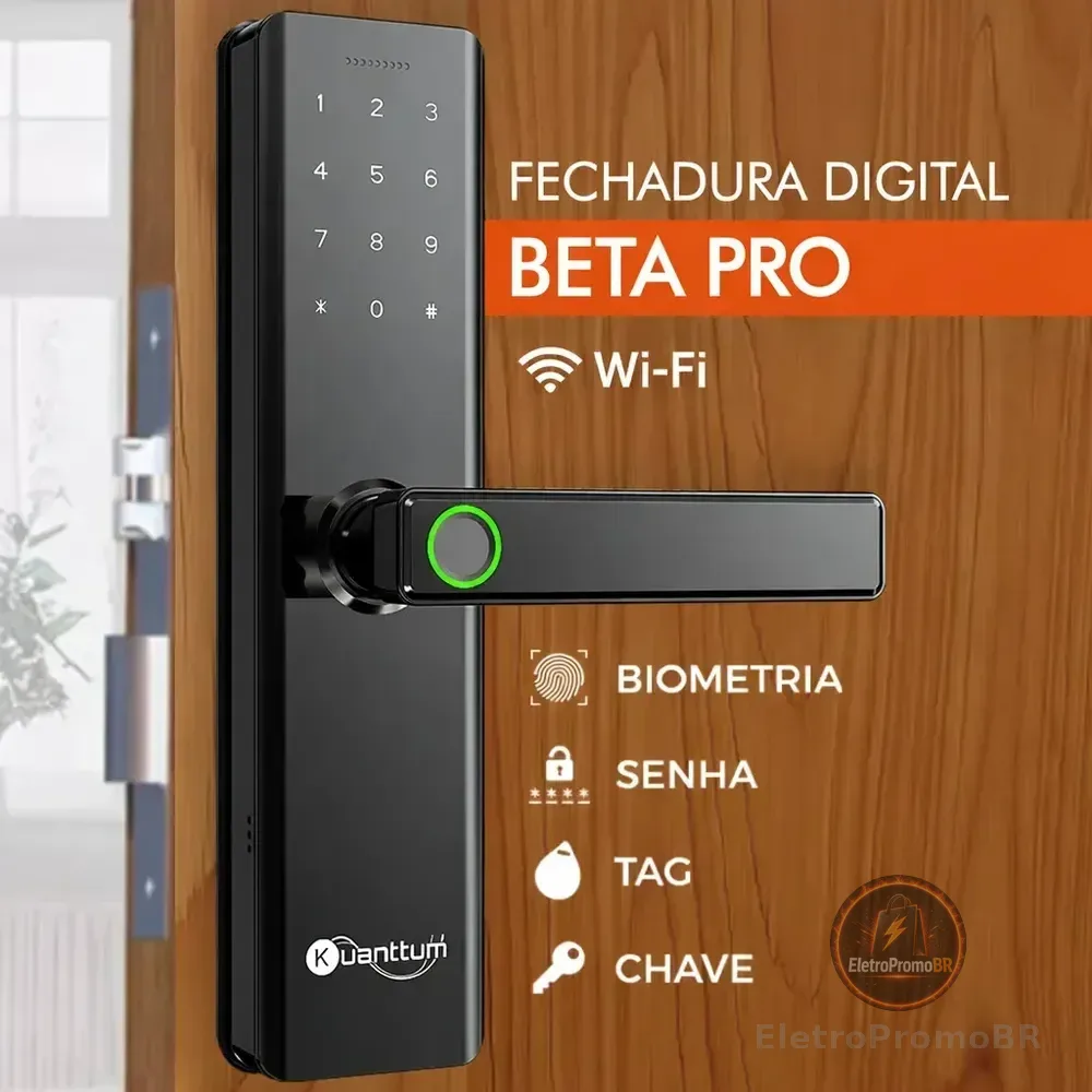 Fechadura Eletronica Digital Com Biometria Kuanttum Beta Pro Wifi Cor Preto
