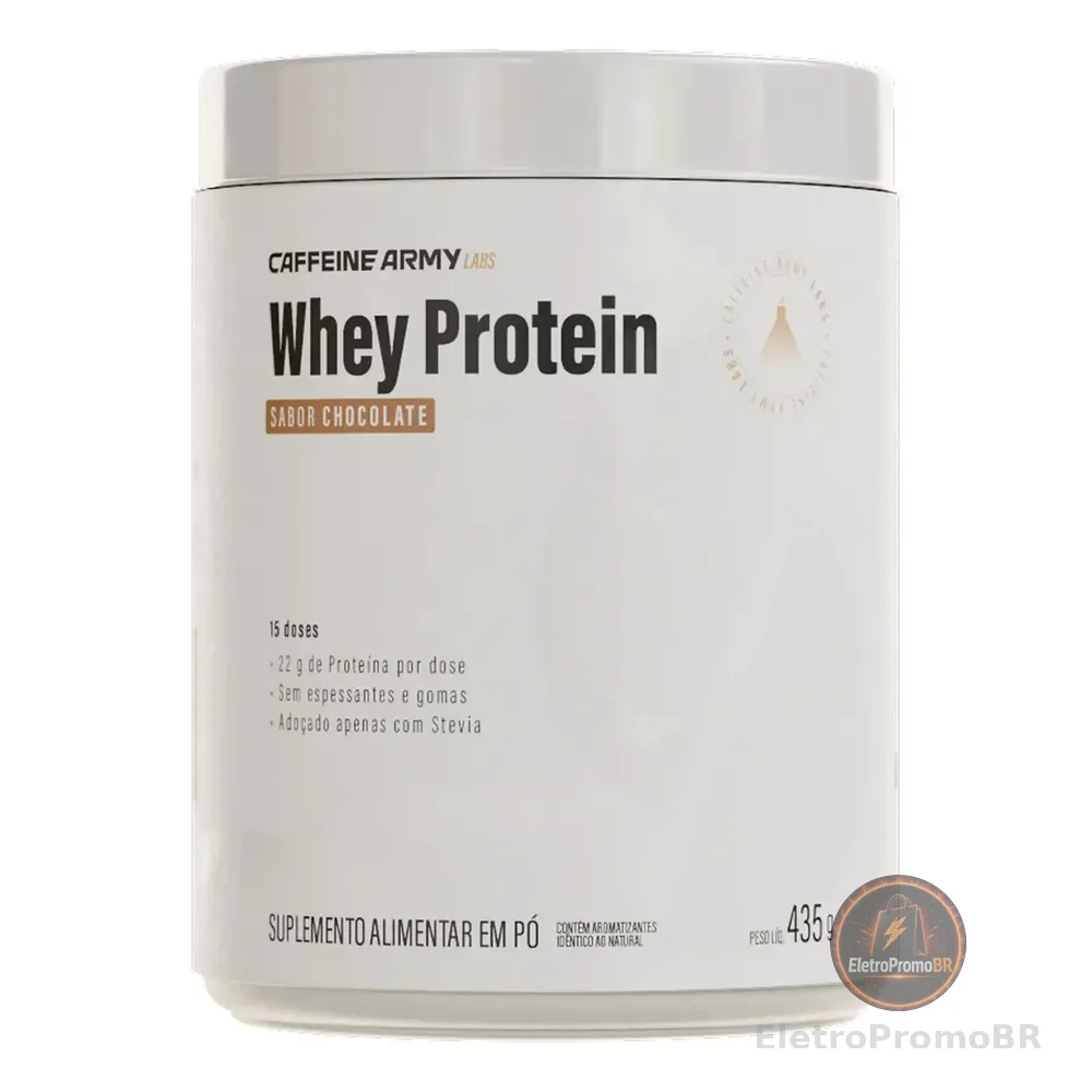 Whey Protein Chocolate 435g - Caffeine Army Labs - Concentrado, Isolado De Proteína Do Soro Do Leite, Colágeno Hidrolisado. Suplemento Para Massa Muscular Recuperação Pós Treino Força Performance