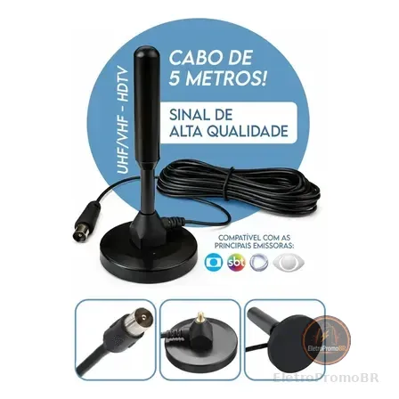Antena Tv Digital Interna Externa Uhf Vhf Em Alumínio Com Base Magnética Cabo 5m Alta Definição Para Tv E Conversor Sinal Estável Instalação Fácil Sem Mensalidade Davely Preto
