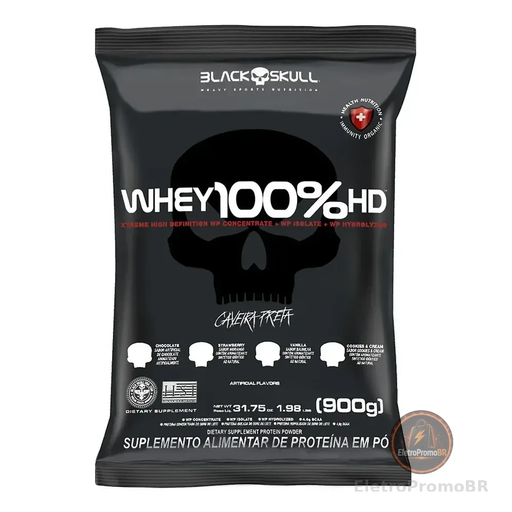 Suplemento Em Pó 100% Hd Refil Black Skull - 900g Wpc Wpi E Wph Sabor Chocolate