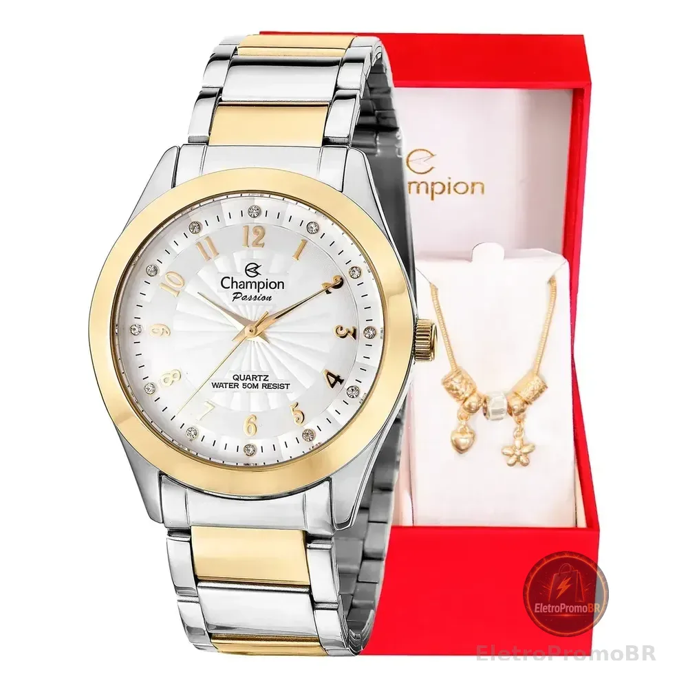 Relógio Champion Feminino Bicolor De Aço, Com Pulseira De Berloques E Mostrador Analógico Dourado