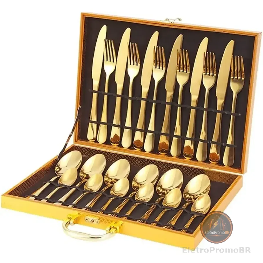 Faqueiro Dourado Kit 24 Pcs Luxo Com Maleta Premium  Complet Dourado