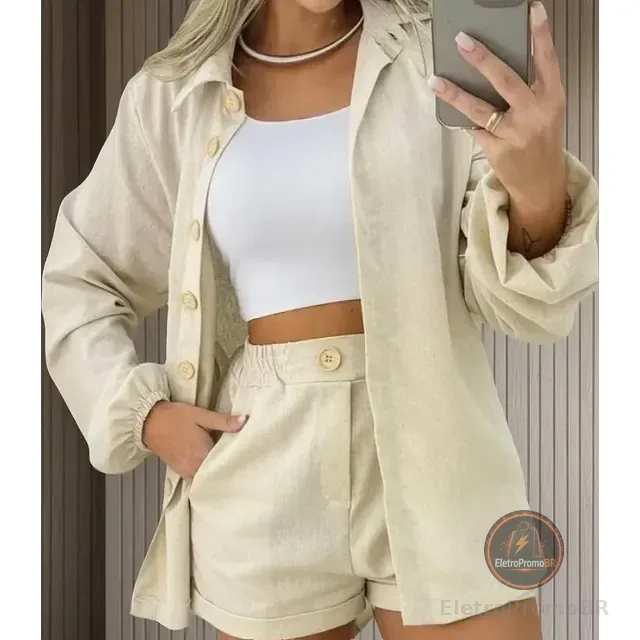 Conjunto Linho Feminino Camisa E Short Linha Premium