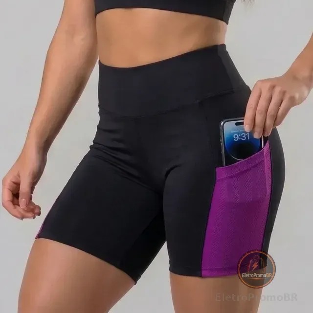 Short Feminino C/ Bolso Cintura Alta Academia Suplex Premium