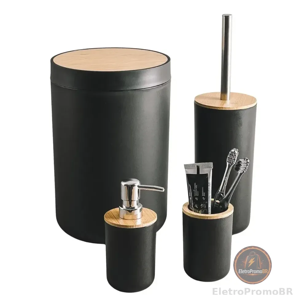 Kit Banheiro Completo Lixeira Porta Escova Sabonete Bambu Preto