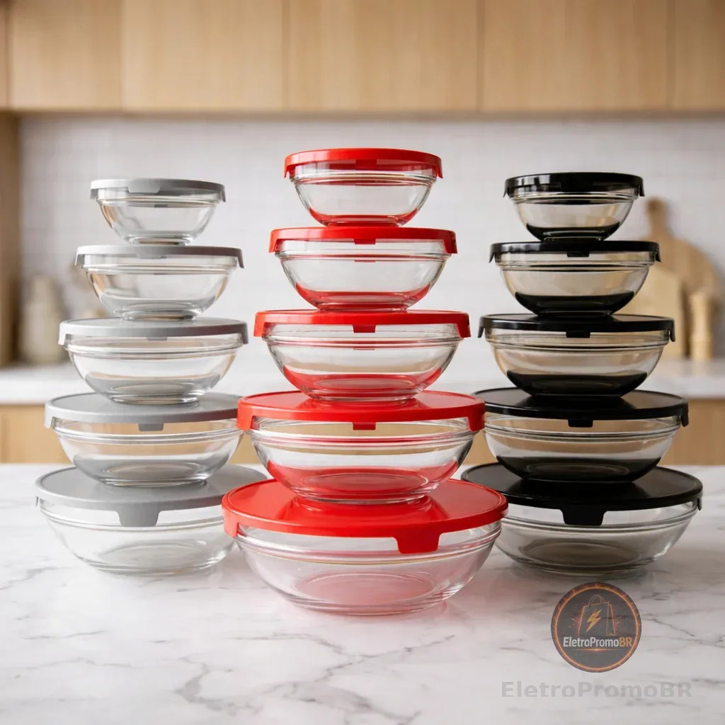 Conjunto de 5 Potes de Vidro Redondos – Ideal para Alimentos e Refeições
