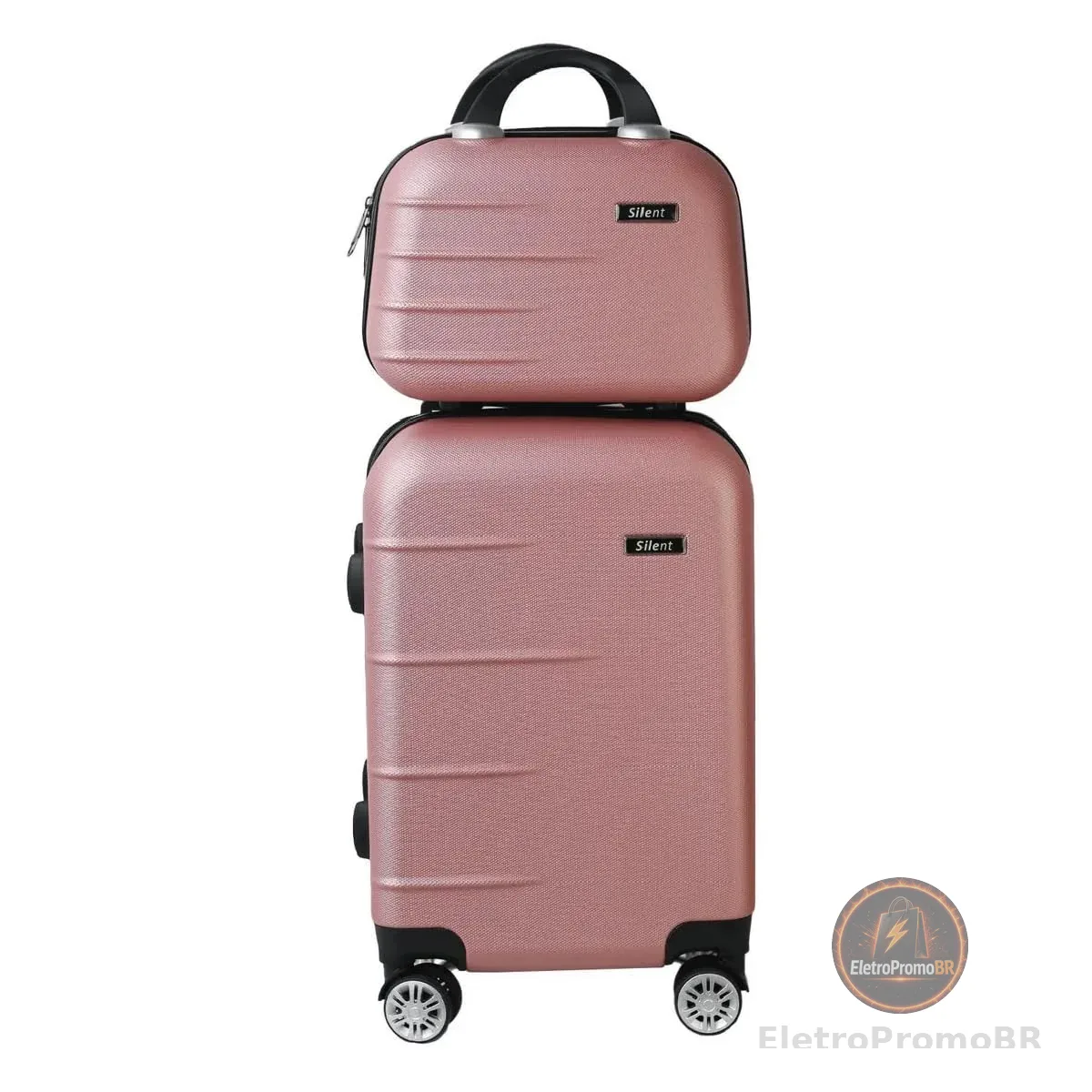 Kit Mala de Bordo Silent Ipanema + Frasqueira - Padrão ANAC | Rígida em ABS | 4 Rodas Duplas 360° | Cadeado Numérico Integrado | Leve e Resistente (Rosé Gold)