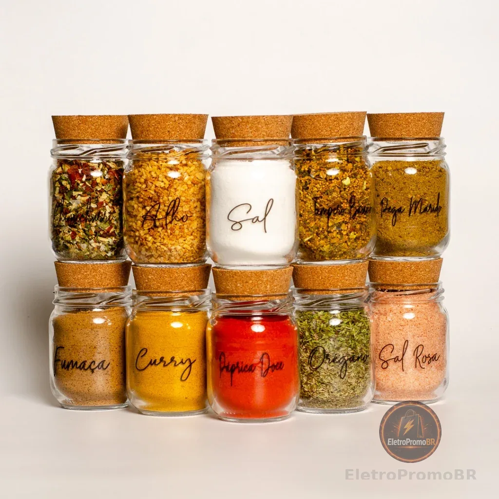 Kit Potes de Tempero 200ml | Porta Tempero | Pote para Tempero | Cartela com 42 Adesivos Opcional