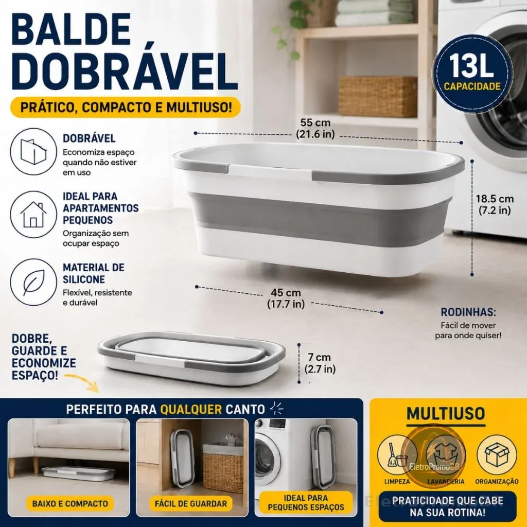 Balde Dobrável Retrátil Flexível Retangular 13L Silicone Multiuso Com 4 Rodinha
