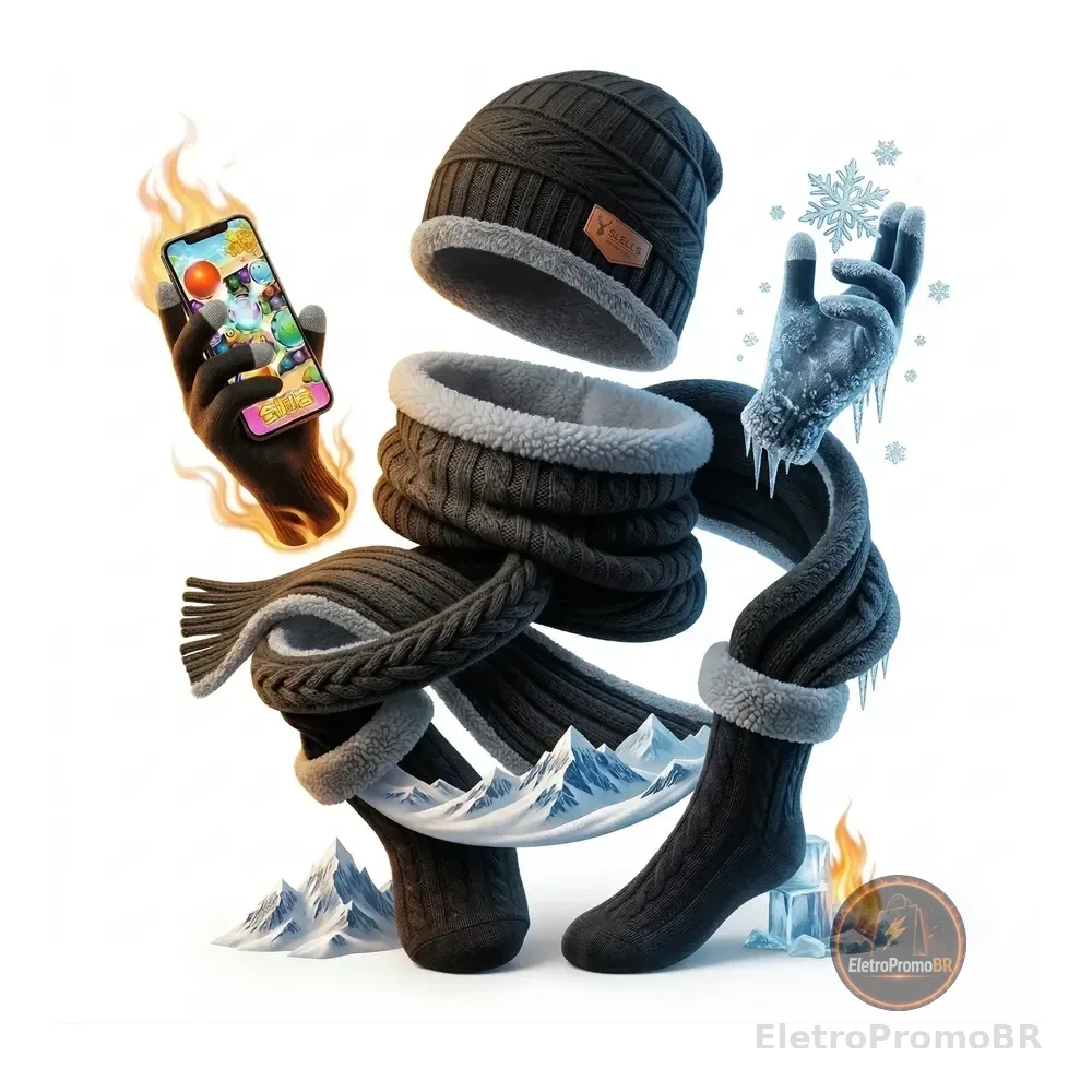 Kit Inverno Touca Gorro Com Cachecol Luva E Meia Térmica Preto Un Liso
