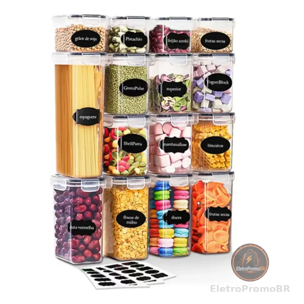 Kit 15 Potes Hermético Cadencia Mantimentos Quadrado Cozinha Branco